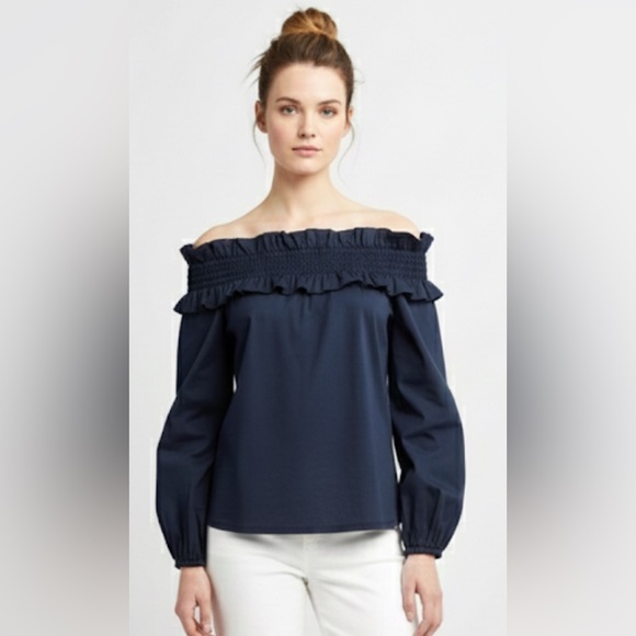 NWT Elie Tahari Josefina Off Shoulder Long Sleeve Ruffle Shirt Top Navy XL